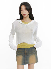 hooded-crop-summer-knit-top-cm426 / White