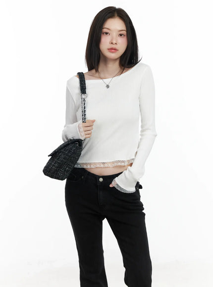 heart-lace-frill-hem-boat-neck-top-if520 / White