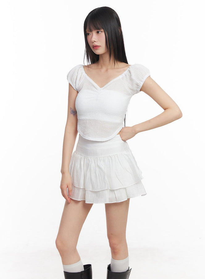 sheer-v-neck-crop-top-cy514 / White