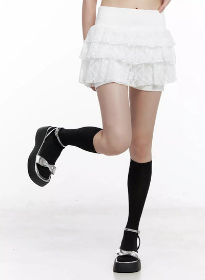 lace-tiered-ruffle-skirt-il531 / White
