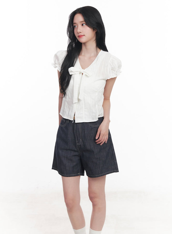 tie-puff-sleeve-crop-blouse-top-cy526 / White