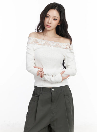 lace-off-shoulder-pointelle-long-sleeve-top-cm518 / White