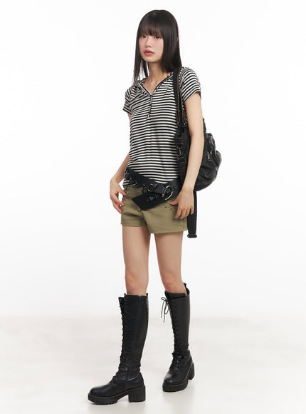 buttoned-striped-hooded-t-shirt-ca523 / White