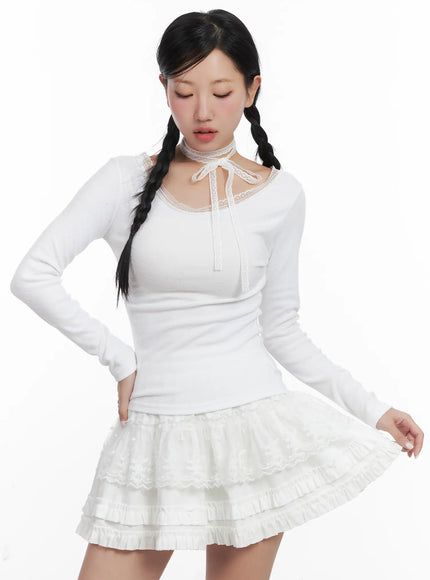 lace-trim-top-and-ruffle-skirt-set-cn528 / White