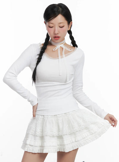 lace-trim-top-and-ruffle-skirt-set-cn528 / White