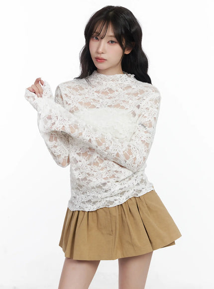 elegant-floral-lace-sheer-turtleneck-top-cj526 / White