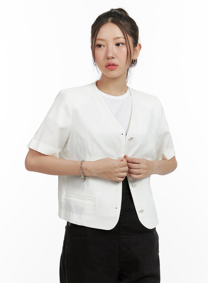 v-neck-linen-blazer-ol408 / White