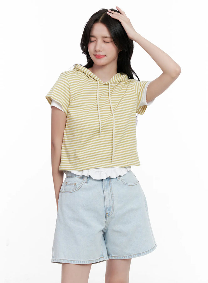striped-short-sleeve-hoodie-top-cl516 / Yellow