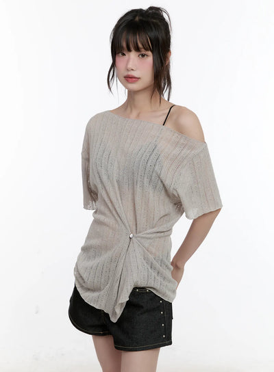 textured-loose-fit-one-shoulder-top-cl504 / Beige