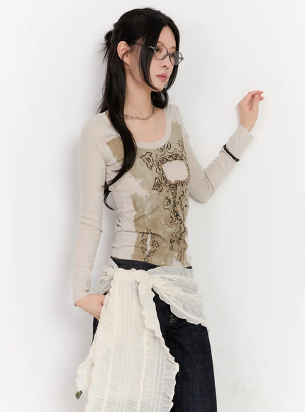 artistic-vintage-print-long-sleeve-ca506 / Beige