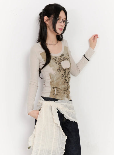 artistic-vintage-print-long-sleeve-ca506 / Beige