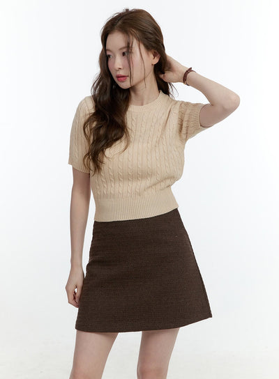 cable-knit-short-sleeve-crop-sweater-cf504 / Beige