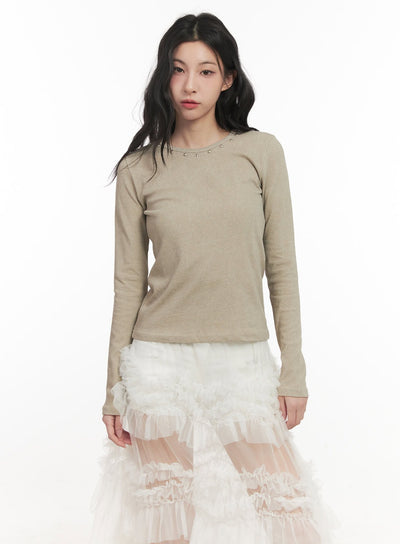 Studded-Neck Long-Sleeve Top CF513