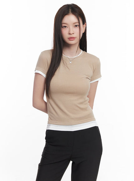 two-tone-layered-tee-cy519 / Beige