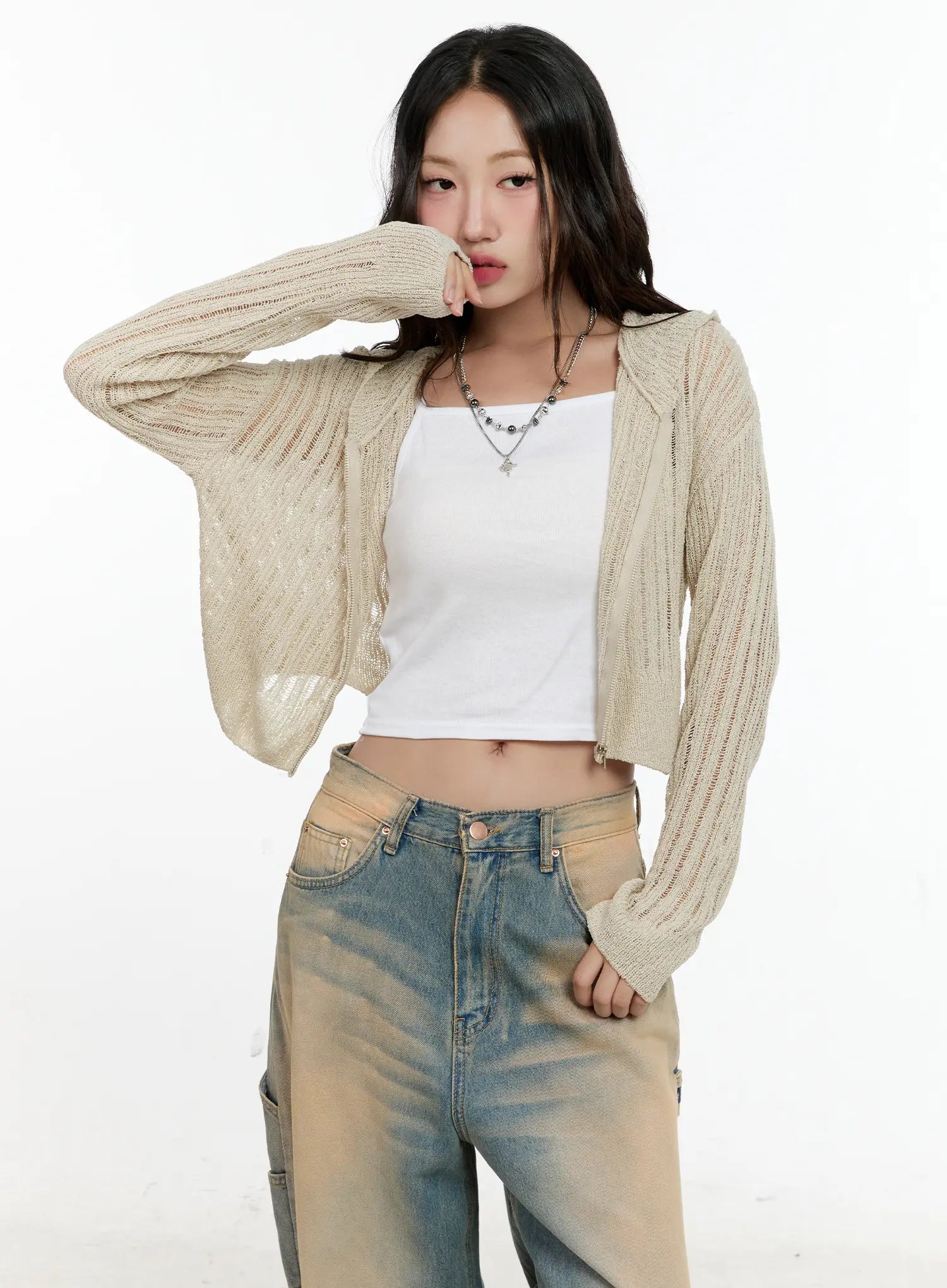 summer-knit-cropped-zip-up-cg501 / Beige