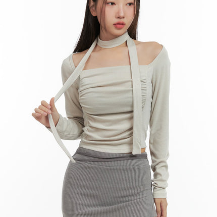 shirred-square-neck-crop-top-co417 / Beige