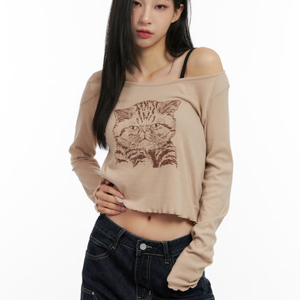 cat-graphic-print-cropped-shirt-cn416 / Beige