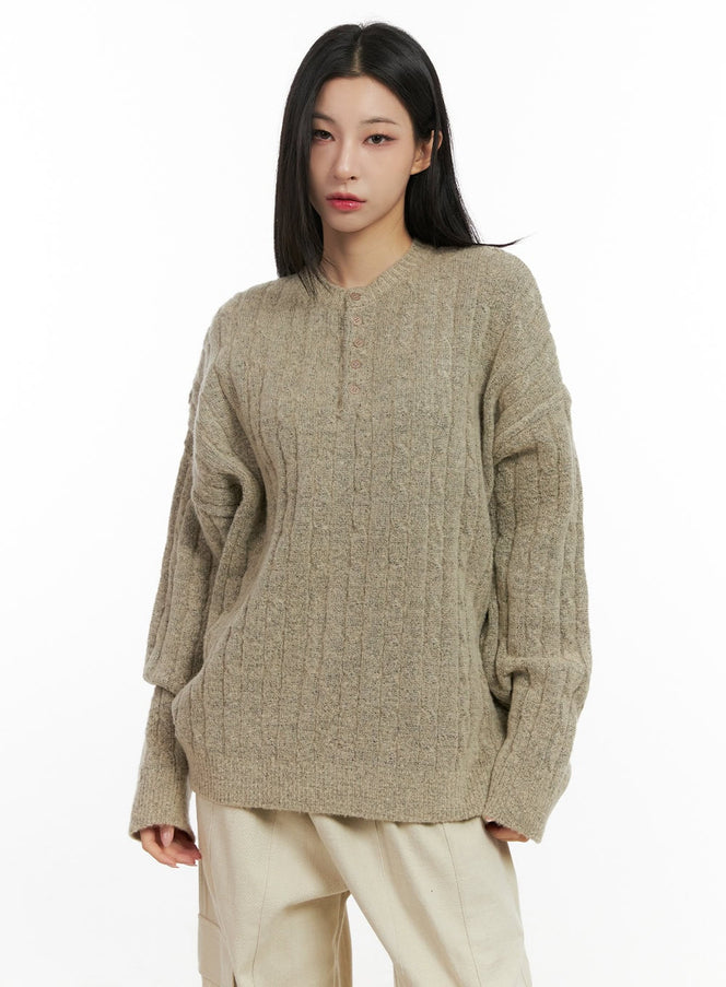 henley-neck-long-sleeve-sweater-cn416 / Beige