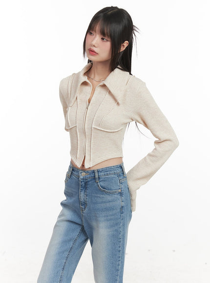 zip-up-collared-long-sleeve-crop-top-cj523 / Beige