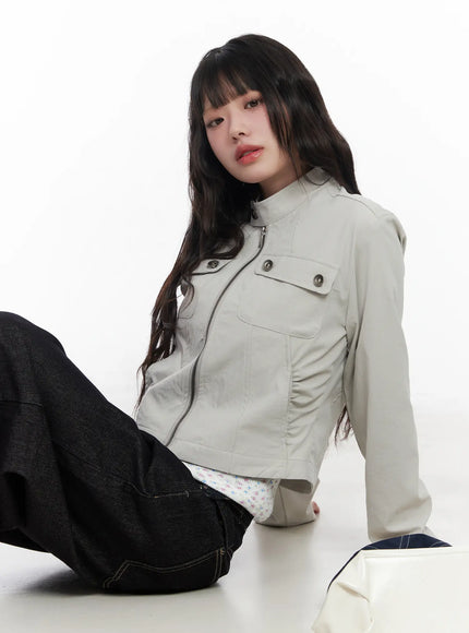 ruched-pocked-zip-up-jacket-cm526 / Beige