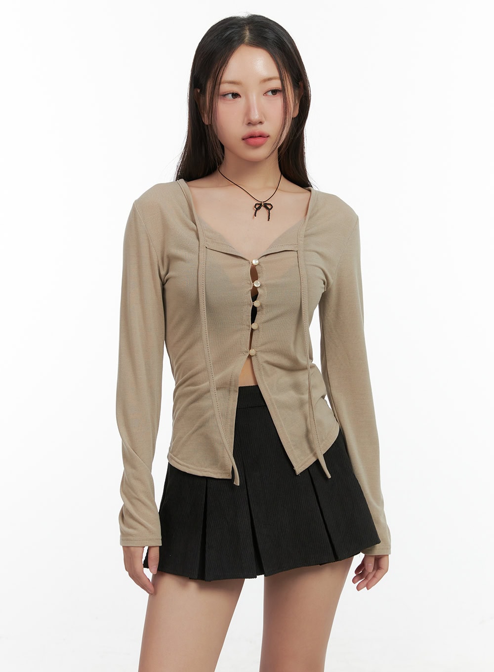 string-detail-long-sleeve-button-top-co417 / Beige