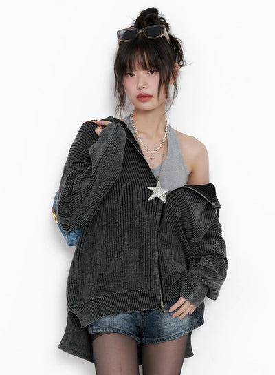 chunky-washed-knit-hoodie-zip-up-cg518 / Black