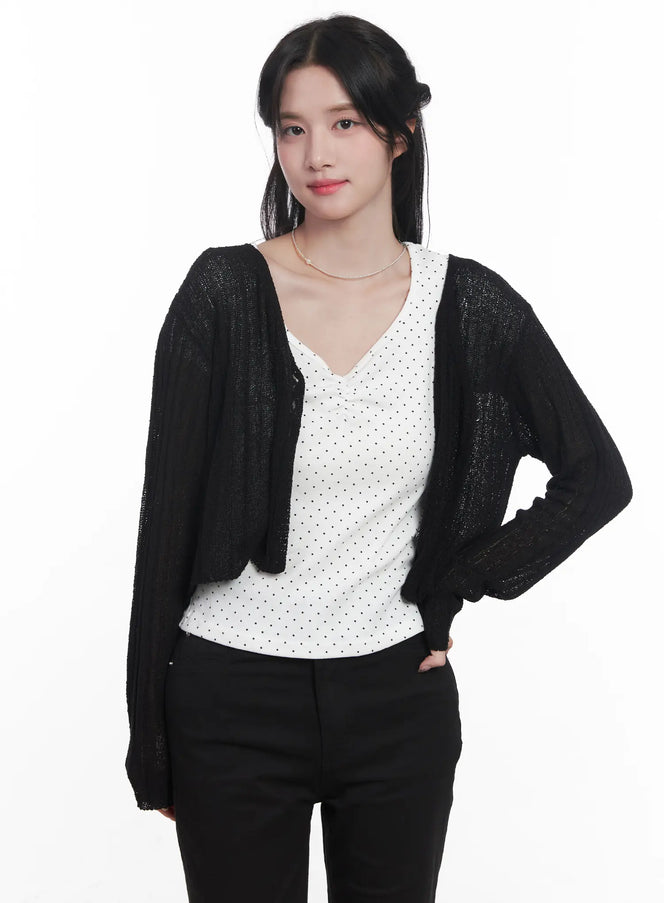sheer-ribbed-cardigan-cu525 / Black