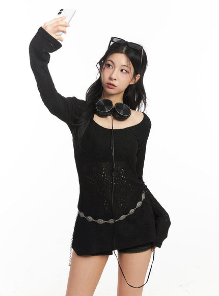 flower-mesh-u-neck-sweater-ca516 / Black