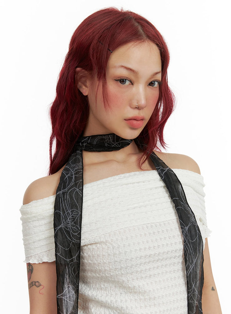 floral-mesh-thin-scarf-cy430 / Black