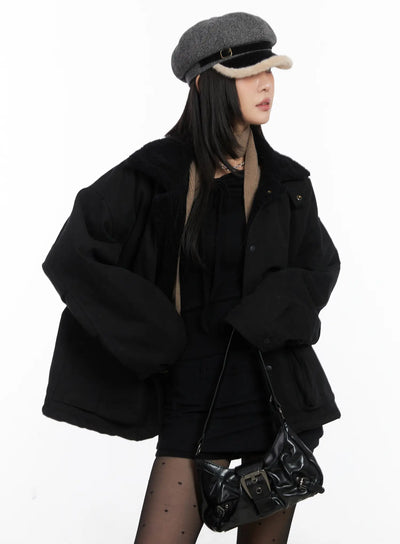 oversized-button-fleece-jacket-cd508 / Black