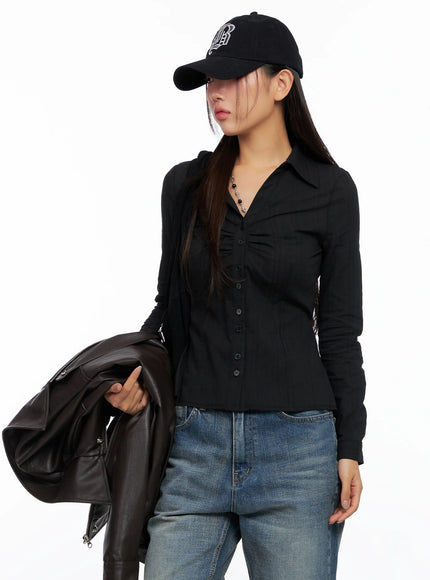 shirred-long-sleeve-shirt-co514 / Black