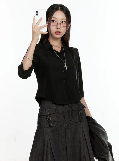 chic-black-buttoned-half-sleeve-top-cl531 / Black