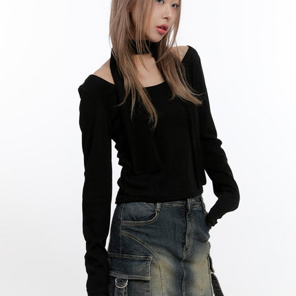 solid-slim-fit-long-sleeve-top-cn425 / Black