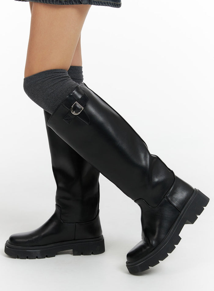 basic-faux-leather-buckle-knee-high-boots-cf416 / Black