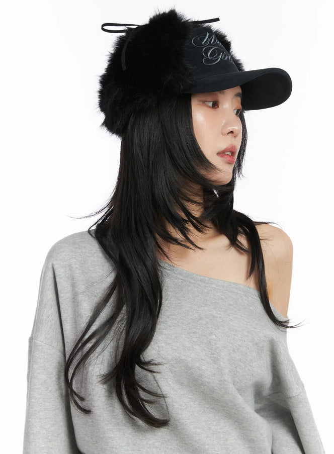 faux-fur-embroidered-baseball-cap-cd508 / Black