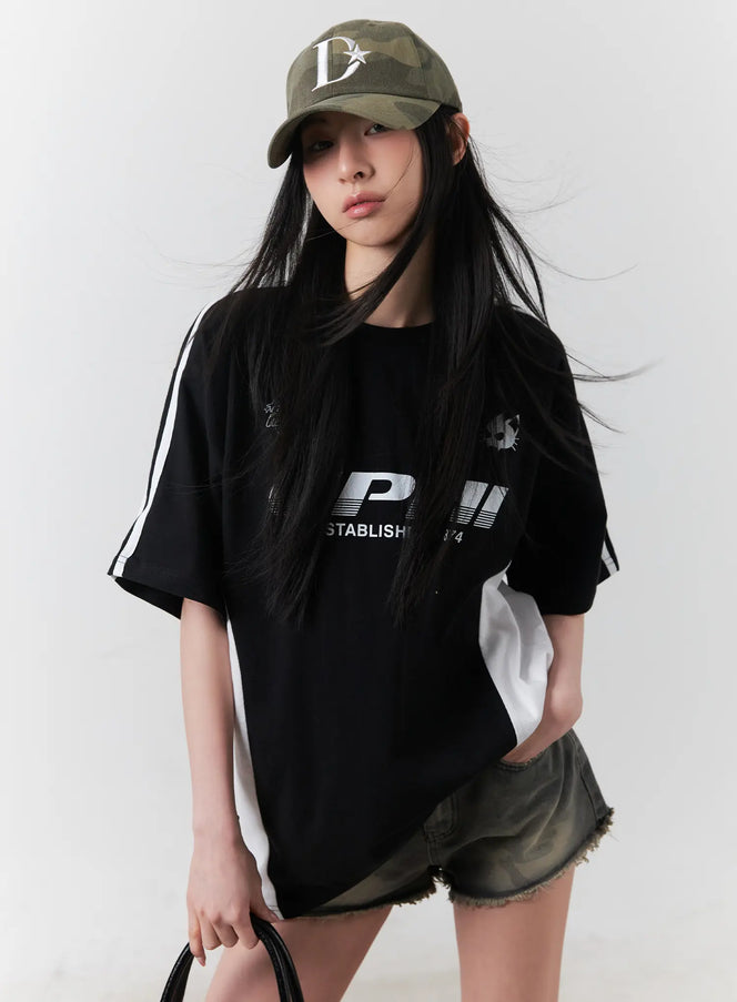 oversized-striped-graphic-tee-cu511 / Black