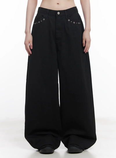 eyelet-detail-wide-leg-pants-cu519 / Black