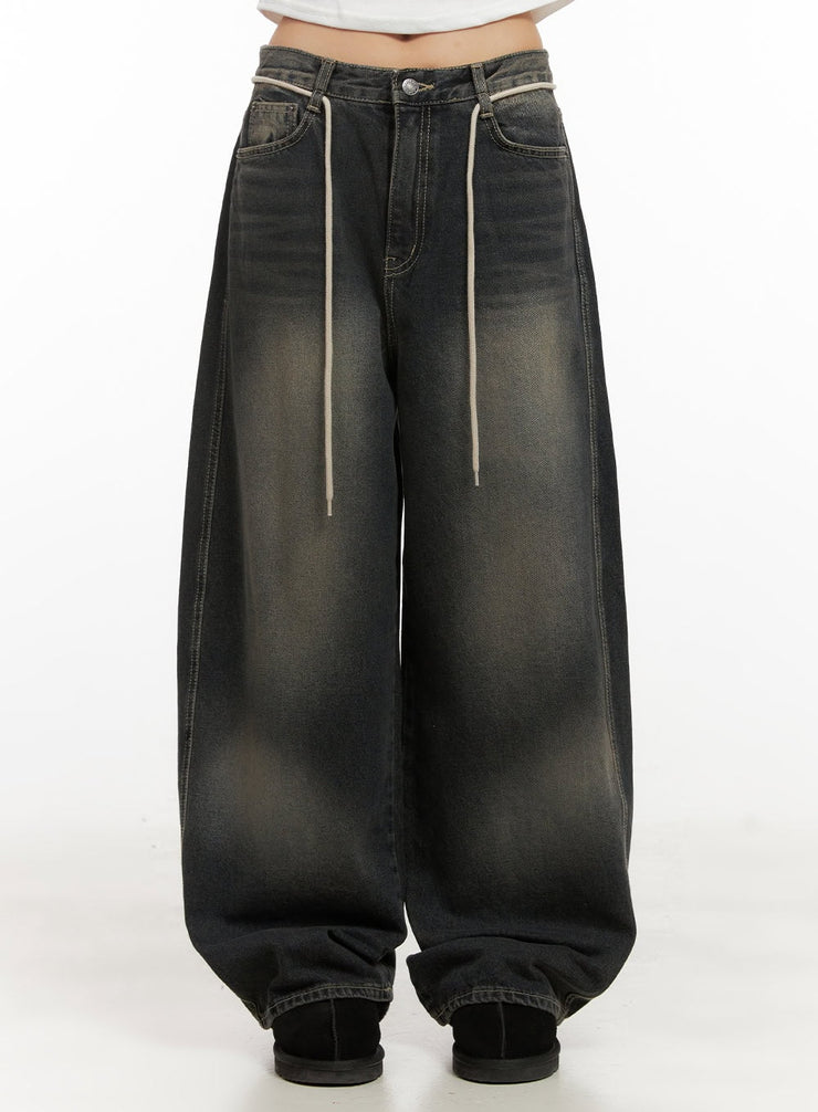 matilda-washed-denim-string-baggy-jeans-cd410 / Black