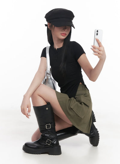 asymmetric-buttoned-crop-top-cy527 / Black