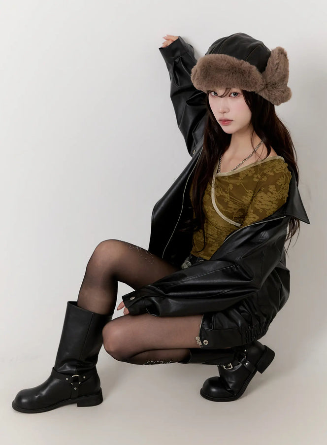 oversized-faux-leather-jacket-cn524 / Black