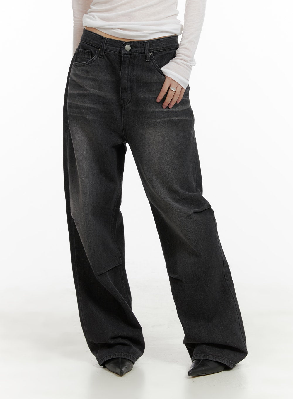 Pintuck Washed Denim Wide Leg Jeans CA419 - Acubi style | LEWKIN