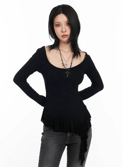 asymmetric-ruffle-edge-u-neck-top-cd1202 / Black