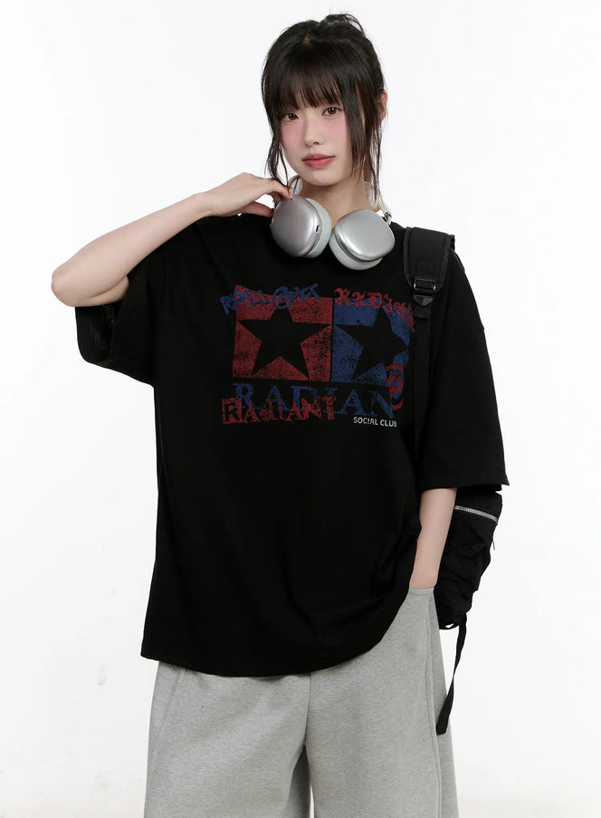 oversized-star-graphic-vintage-t-shirt-cl507 / Black