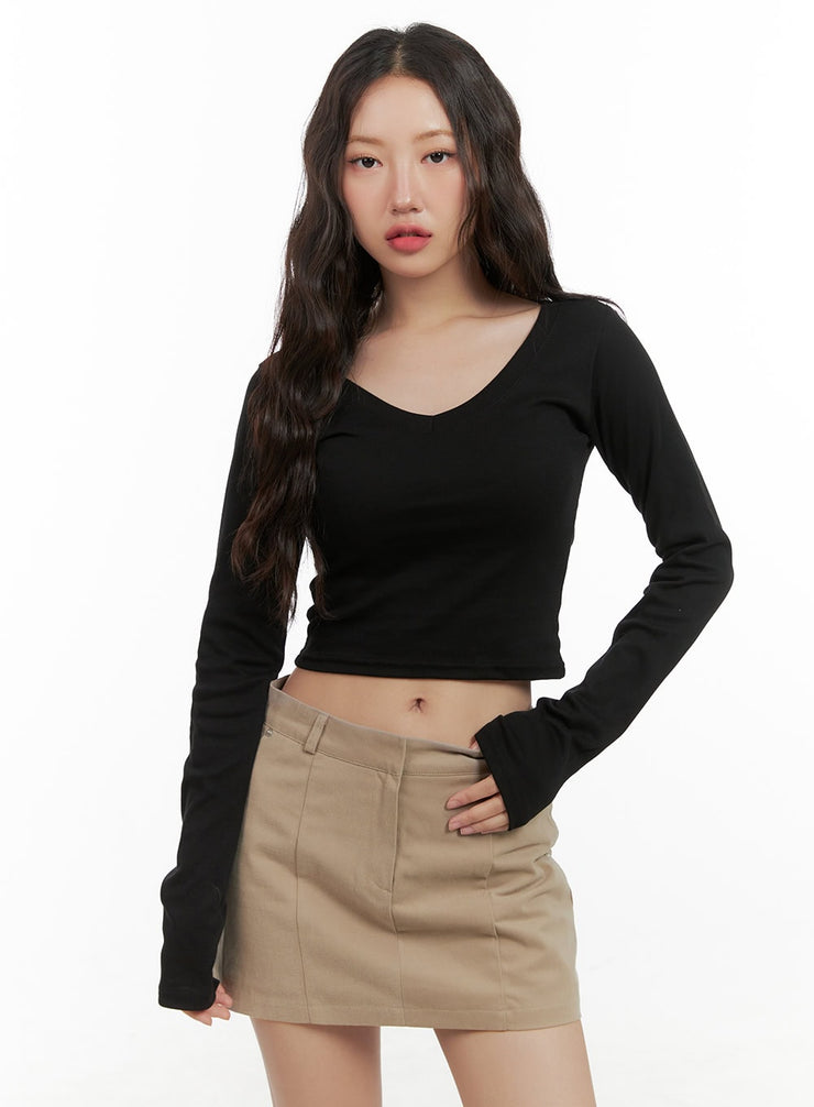 cotton-v-neck-crop-long-sleeve-top-cg422 / Black