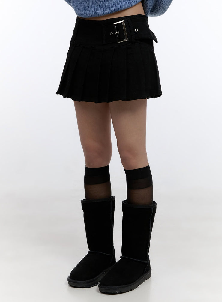 buckle-pleated-denim-mini-skirt-co419 / Black