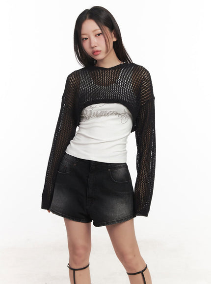 knit-mesh-crop-long-sleeve-top-ca529 / Black