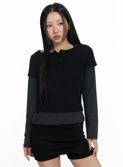 stripe-contrast-layered-long-sleeve-top-cj514 / Black