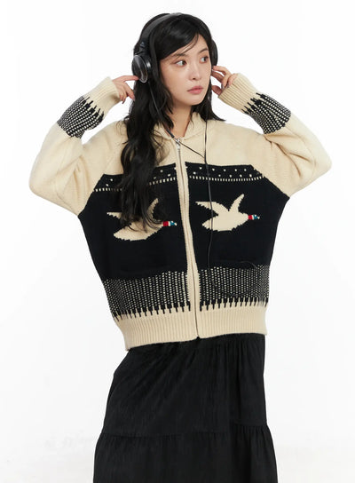 vintage-graphic-knit-zip-up-cardigan-cd502 / Black