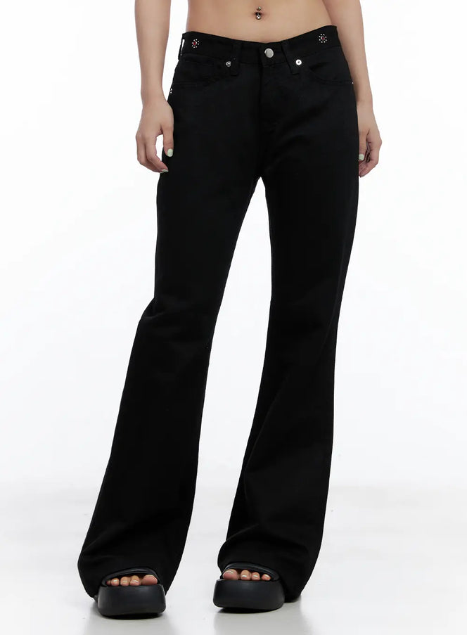 rhinestone-studded-flare-pants-cl511 / Black