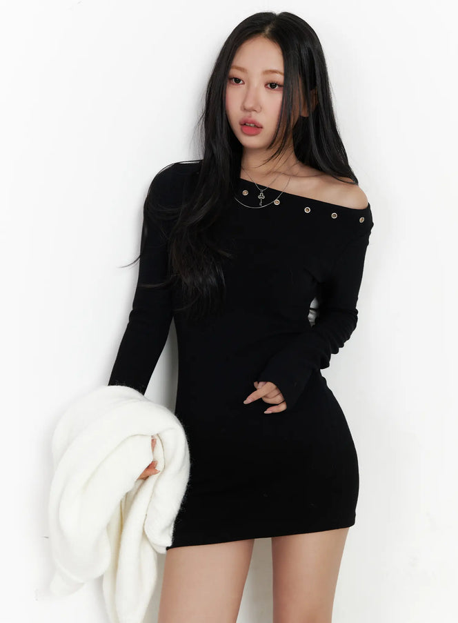 eyelet-off-shoulder-mini-dress-cj514 / Black
